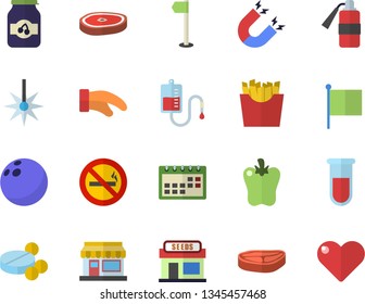 Color flat icon set potholder flat vector, chop, bell pepper, French fries, jam, grain warehouse, laser, flag, pills, blood transfusion, test, calendar, magnet, bowling ball, sports, heart