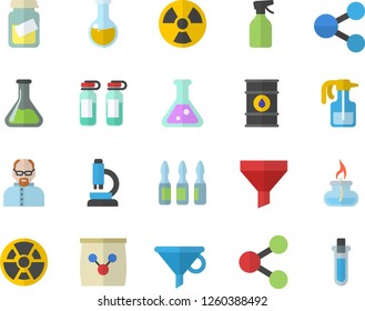 Color flat icon set pulverizer flat vector, fertilizer vectory, chemistry, oil tanks, radiation, funnel, molecules, medical analysis, ampoule, flask, microscope, gas burner, scientist, beakers