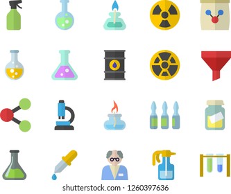 Color flat icon set pulverizer flat vector, fertilizer vectory, chemistry, oil tanks, radiation, funnel, molecules, pipette, medical analysis, ampoule, flask, microscope, gas burner, scientist