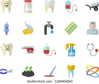 Color flat icon set pulverizer flat vector, secateurs, planting plants, garden wheelbarrow, water tap, pill packaging, blood transfusion, physician, stethoscope, helicopter, gestation, scalpel, hoop