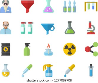 Color flat icon set pulverizer flat vector, chemistry, oil tanks, radiation, funnel, molecules, pipette, ampoule, flask, microscope, gas burner, scientist, beakers
