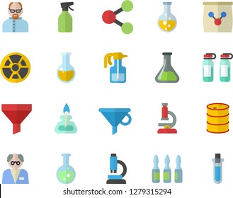 Color flat icon set pulverizer flat vector, fertilizer vectory, chemistry, oil tanks, radiation, funnel, molecules, medical analysis, ampoule, flask, microscope, gas burner, scientist, beakers