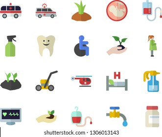 Color flat icon set pulverizer flat vector, seedlings, planting plants, water tap, lawn mower, blood transfusion, computer diagnostics of health, disabled, hospital bed, ambulance, helicopter, tooth