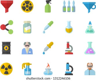 Color flat icon set pulverizer flat vector, oil tanks, radiation, funnel, molecules, pipette, medical analysis, ampoule, flask, microscope, gas burner, scientist