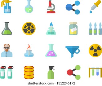 Color flat icon set pulverizer flat vector, chemistry, oil tanks, radiation, funnel, molecules, pipette, medical analysis, ampoule, flask, microscope, gas burner, scientist, beakers