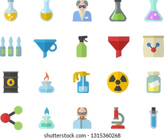 Color flat icon set pulverizer flat vector, fertilizer vectory, chemistry, oil tanks, radiation, funnel, molecules, medical analysis, ampoule, flask, microscope, gas burner, scientist, beakers