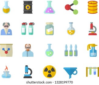 Color flat icon set pulverizer flat vector, fertilizer vectory, chemistry, oil tanks, radiation, funnel, molecules, medical analysis, ampoule, flask, microscope, gas burner, scientist, beakers