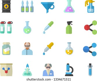 Color flat icon set pulverizer flat vector, fertilizer vectory, chemistry, oil tanks, funnel, molecules, pipette, medical analysis, ampoule, flask, microscope, gas burner, scientist, beakers