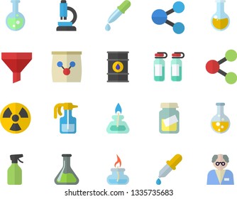 Color flat icon set pulverizer flat vector, fertilizer vectory, chemistry, oil tanks, radiation, funnel, molecules, pipette, medical analysis, ampoule, flask, microscope, gas burner, scientist
