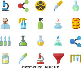 Color flat icon set pulverizer flat vector, chemistry, oil tanks, radiation, funnel, molecules, pipette, medical analysis, ampoule, flask, microscope, gas burner, scientist, beakers
