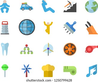 Color flat icon set putty knife flat vector, cook hat, knives, grater, lollipop, windmill, ventilation, mining, earth, tooth, classification, whistle, gymnastics, swing press, fector, car, note