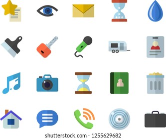 Color flat icon set putty knife flat vector, house, phone call, trailer fector, badge, hourglass, trash can, envelope, microphone, chat, favorites, eye, key, camera, notebook, target, note, drop