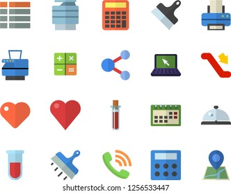 Color flat icon set putty knife flat vector, phone call, calculator, blood test, heart, calendar, printer, copy machine, laptop, escalator fector, jingle, share, menu, location