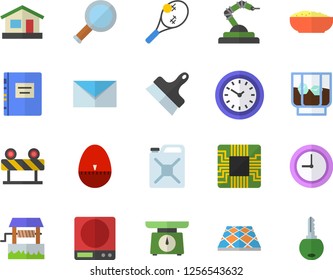 Color flat icon set putty knife flat vector, flooring, barrier, weighing machine, kitchen egg timer, porridge, whiskey, well, house, canister, motherboard, robotics, clock, mail, textbook, magnifier