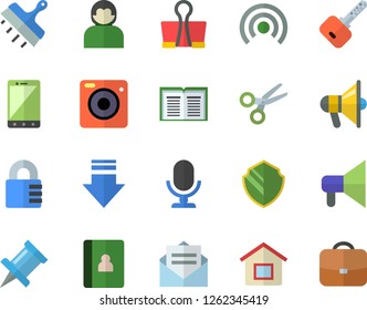 Color flat icon set putty knife flat vector, security fector, house, scissors, broadcast, download, binder clip, drawing pin, mouthpiece, message, microphone, mobile, user, lock, key, book, camera