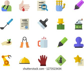 Color flat icon set putty knife flat vector, ladle, coffee grinder, dish, tea, seedlings, gloves, robotics, marker, injury, magnifier, contract, stamp, robot hand, carpal expander, pets allowed