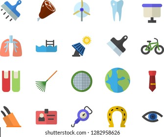Color flat icon set putty knife flat vector, spring balance, knives, sieve, ham, horseshoe, rake, solar battery, earth, flipchart, tooth, lungs, badge, tie, book, windmill, bicycle, pool, eye