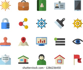 Color flat icon set putty knife flat vector, house, sun, computer chart, share, menu, badge, stamp, steering wheel, message, mobile, user, lock, eye, notebook, location, briefcase