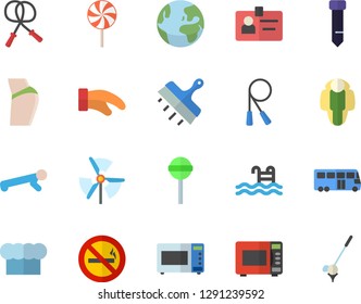 Color flat icon set putty knife flat vector, cook hat, potholder, microwave, lollipop, badge, tie, windmill, buttocks, skipping rope, push up, pool, lose weight, earth fector, bus, no smoking, golf