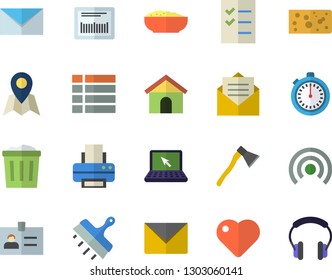 Color flat icon set putty knife flat vector, ax, cheese, porridge, barcode, heart, to do list, printer, laptop, mail, stopwatch, location, house, menu, broadcast, badge, trash can, message