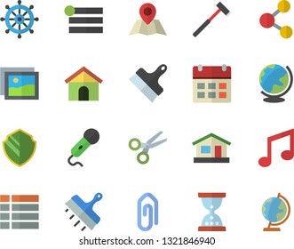 Color flat icon set putty knife flat vector, ax, house, security fector, share, gallery, scissors, menu, clip, hourglass, calendar, steering wheel, microphone, note, location, globe