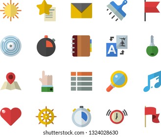 Color flat icon set putty knife flat vector, sun, menu, translate, steering wheel, magnifier, envelope, indicate, heart, alarm clock, favorites, key, notebook, target, note, stopwatch, location