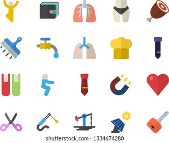 Color flat icon set putty knife flat vector, cook hat, scissors, ham, water tap, solar battery, oil pumping, magnet, welding, purse, heart, lungs, tie, book, waistline, squats, gymnastics, key