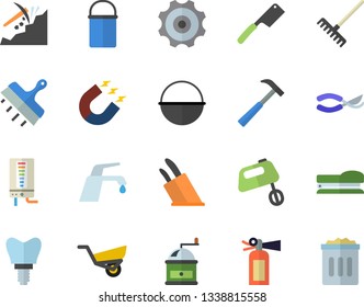 Color flat icon set putty knife flat vector, hammer, boiler, faucet, cauldron, hiking pot, knives, coffee grinder, mixer, secateurs, rake, garden wheelbarrow, magnet, mining, implant, stapler