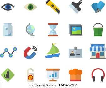 Color flat icon set putty knife flat vector, stationery, cook hat, bucketful, magnet, glass bottles, store front, scatter chart, sailboat, globe, boxing gloves, pets allowed  , do not disturb