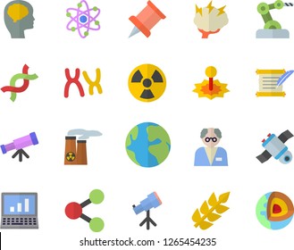 Color flat icon set radiation flat vector, laser, earth, molecules, DNA, chromosomes, atom, satellit, computer, nuclear power plant, hostory roll, brainstorm, scientist, pushpin, industrial robot