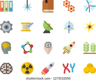 Color flat icon set radiation flat vector, satellite antenna, laser, rocket, chromosomes, molecules, spark, hostory roll, textbook, cogwheel, windmill, folders for papers, ear, brain, fector, pills