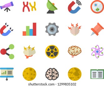Color flat icon set radiation flat vector, satellite antenna, magnet, molecules, chromosomes, atom, chart, moon, brainstorm, cogwheel, presentaition board, pushpin, telescope, Petri dish, brain