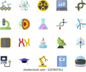 Color flat icon set radiation flat vector, satellite antenna, microscope, ultrasound, chromosomes, flask, atom, gas burner, computer, bachelor cap, cpu, notebook, industrial robot, lunar rover, dna