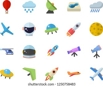 Color flat icon set rain flat vector, pool, satellite antenna, rocket, helicopter, moon, ufo, telescope, astronaut helmet fector, aircraft, hang glider, balloon