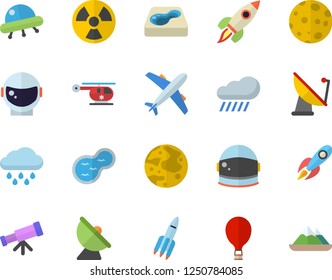 Color flat icon set rain flat vector, pond, pool, radiation, satellite antenna, rocket, helicopter, moon, ufo, telescope, astronaut helmet fector, balloon, aircraft, mountains