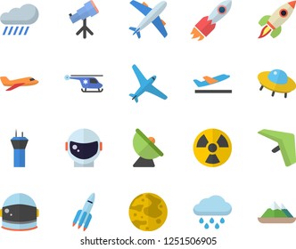 Color flat icon set rain flat vector, radiation, satellite antenna, rocket, helicopter, moon, ufo, telescope, astronaut helmet fector, aircraft, airport tower, hang glider, departure, mountains