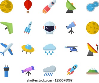 Color flat icon set rain flat vector, pond, satellite antenna, rocket, helicopter, moon, ufo, telescope, astronaut helmet fector, airport tower, hang glider, balloon, aircraft, mountains