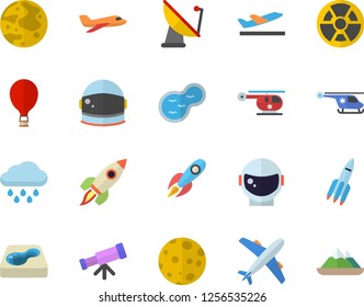 Color flat icon set rain flat vector, pond, pool, radiation, satellite antenna, rocket, helicopter, moon, telescope, astronaut helmet fector, aircraft, balloon, departure, mountains