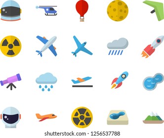 Color flat icon set rain flat vector, pond, pool, radiation, rocket, helicopter, moon, telescope, astronaut helmet fector, aircraft, hang glider, balloon, departure, mountains