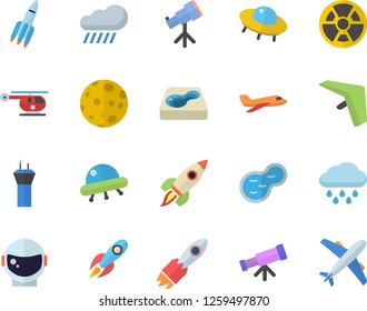 Color flat icon set rain flat vector, pond, pool, radiation, rocket, helicopter, moon, ufo, telescope, astronaut helmet fector, aircraft, airport tower, hang glider