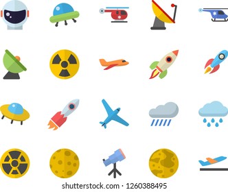 Color flat icon set rain flat vector, radiation, satellite antenna, rocket, helicopter, moon, ufo, telescope, astronaut helmet fector, aircraft, departure