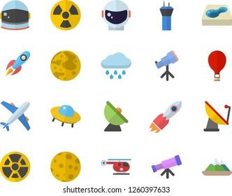 Color flat icon set rain flat vector, pool, radiation, satellite antenna, rocket, helicopter, moon, ufo, telescope, astronaut helmet fector, airport tower, balloon, aircraft, mountains