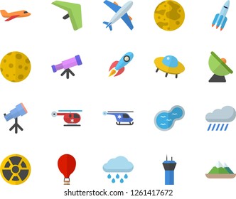 Color flat icon set rain flat vector, pond, radiation, satellite antenna, rocket, helicopter, moon, ufo, telescope, aircraft fector, airport tower, hang glider, balloon, mountains