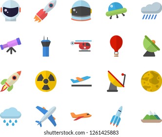Color flat icon set rain flat vector, radiation, satellite antenna, rocket, helicopter, moon, ufo, telescope, astronaut helmet fector, aircraft, airport tower, balloon, departure, mountains