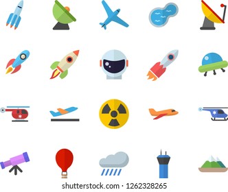 Color flat icon set rain flat vector, pond, radiation, satellite antenna, rocket, helicopter, ufo, telescope, astronaut helmet fector, aircraft, airport tower, balloon, departure, mountains