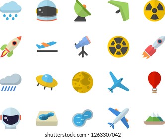 Color flat icon set rain flat vector, pond, pool, radiation, satellite antenna, rocket, moon, ufo, telescope, astronaut helmet fector, aircraft, hang glider, balloon, departure, mountains