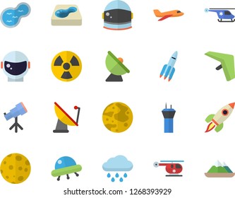 Color flat icon set rain flat vector, pond, pool, radiation, satellite antenna, helicopter, rocket, moon, ufo, telescope, astronaut helmet fector, aircraft, airport tower, hang glider, mountains