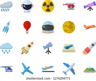 Color flat icon set rain flat vector, pool, radiation, rocket, helicopter, moon, telescope, astronaut helmet fector, aircraft, balloon, departure, mountains