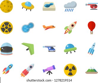 Color flat icon set rain flat vector, pond, pool, radiation, rocket, helicopter, moon, ufo, telescope, astronaut helmet fector, aircraft, hang glider, balloon, mountains