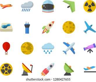 Color flat icon set rain flat vector, pool, radiation, satellite antenna, rocket, moon, telescope, astronaut helmet fector, aircraft, airport tower, hang glider, balloon, departure